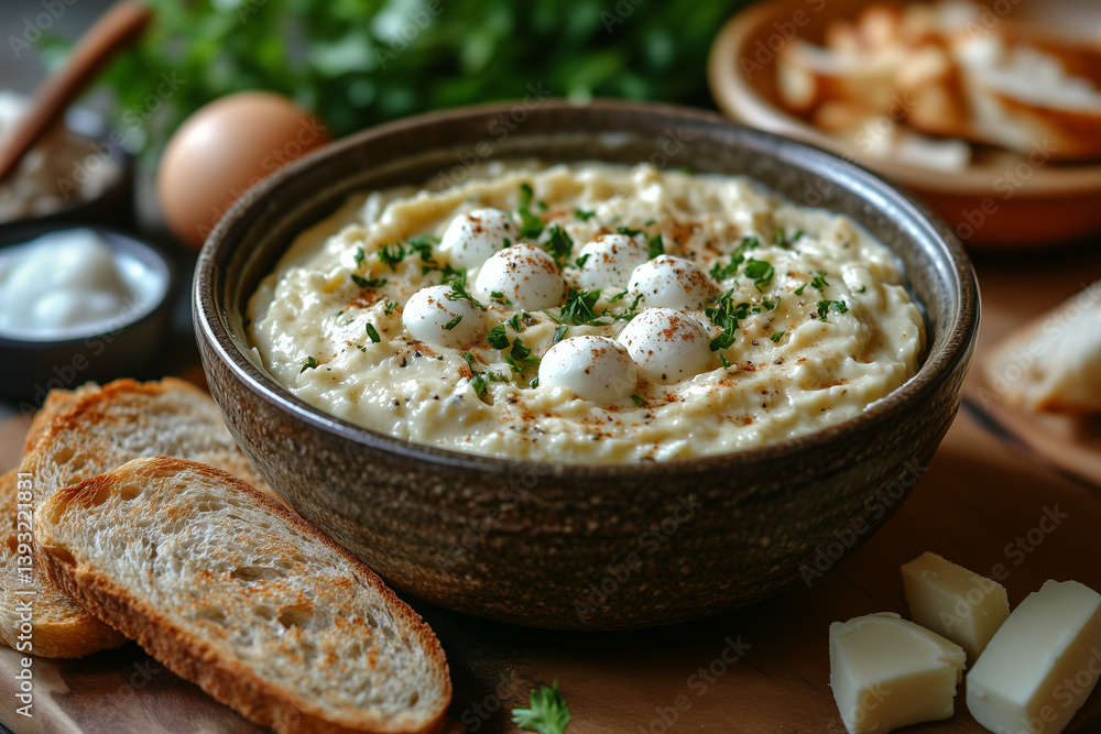Creamy Mashed Potato Spread with Cottage Cheese and Parsley in Rustic Bowl
