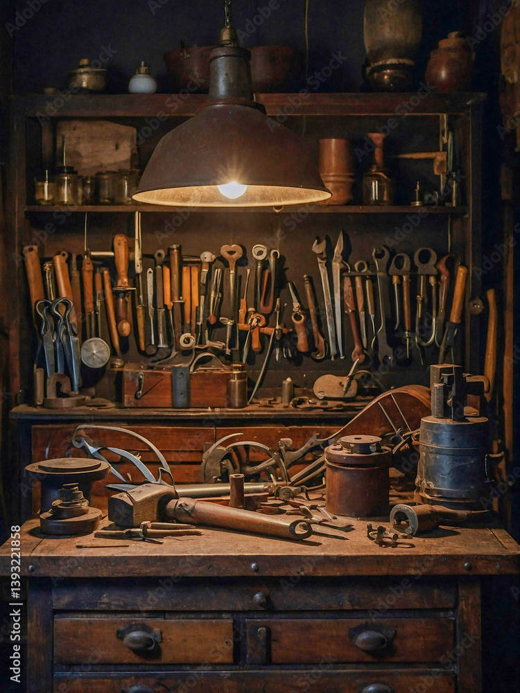 Dimly lit workshop with antique furniture and vintage tools.
