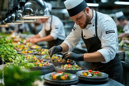 Professional chefs preparing gourmet dishes in a busy kitchen
