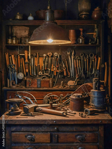 Obraz na płótnie Dimly lit workshop with antique furniture and vintage tools. w salonie