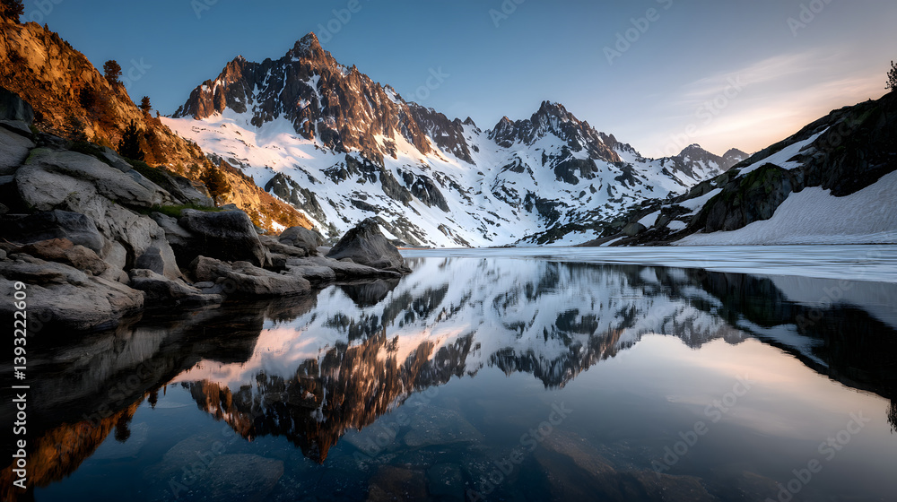 Fototapeta premium The last light of the day casts a soft golden hue over the snow-covered peaks of the Alps, with a stunning reflection on the surface of a mountain lake.