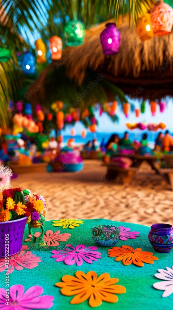 Fototapeta premium Beach table decorated with bright paper flowers and handmade pots, table glowing in festive beach mood, table celebrating joy, table setting ideal for tropical events.