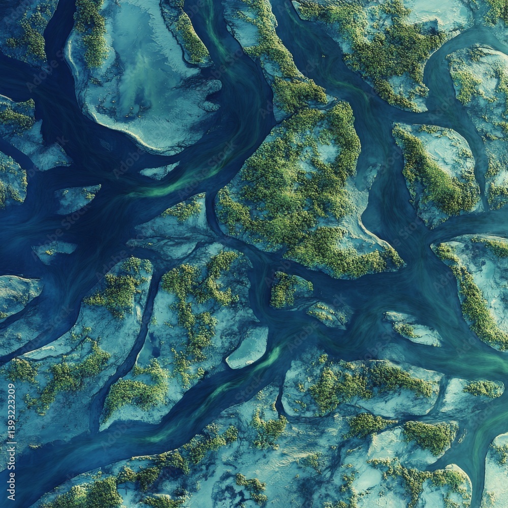 Naklejka premium image of a peaceful river delta with multiple intersecting waterways isolated on a plain background a complex network of shimmering waterways merging into a tranquil delta 