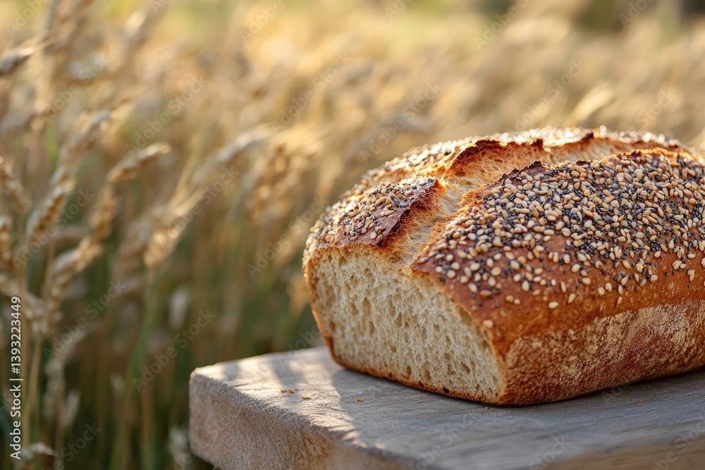 A rustic loaf of sourdough bread, sprinkled with sesame and poppy seeds, sits in a sunlit wheat field.
