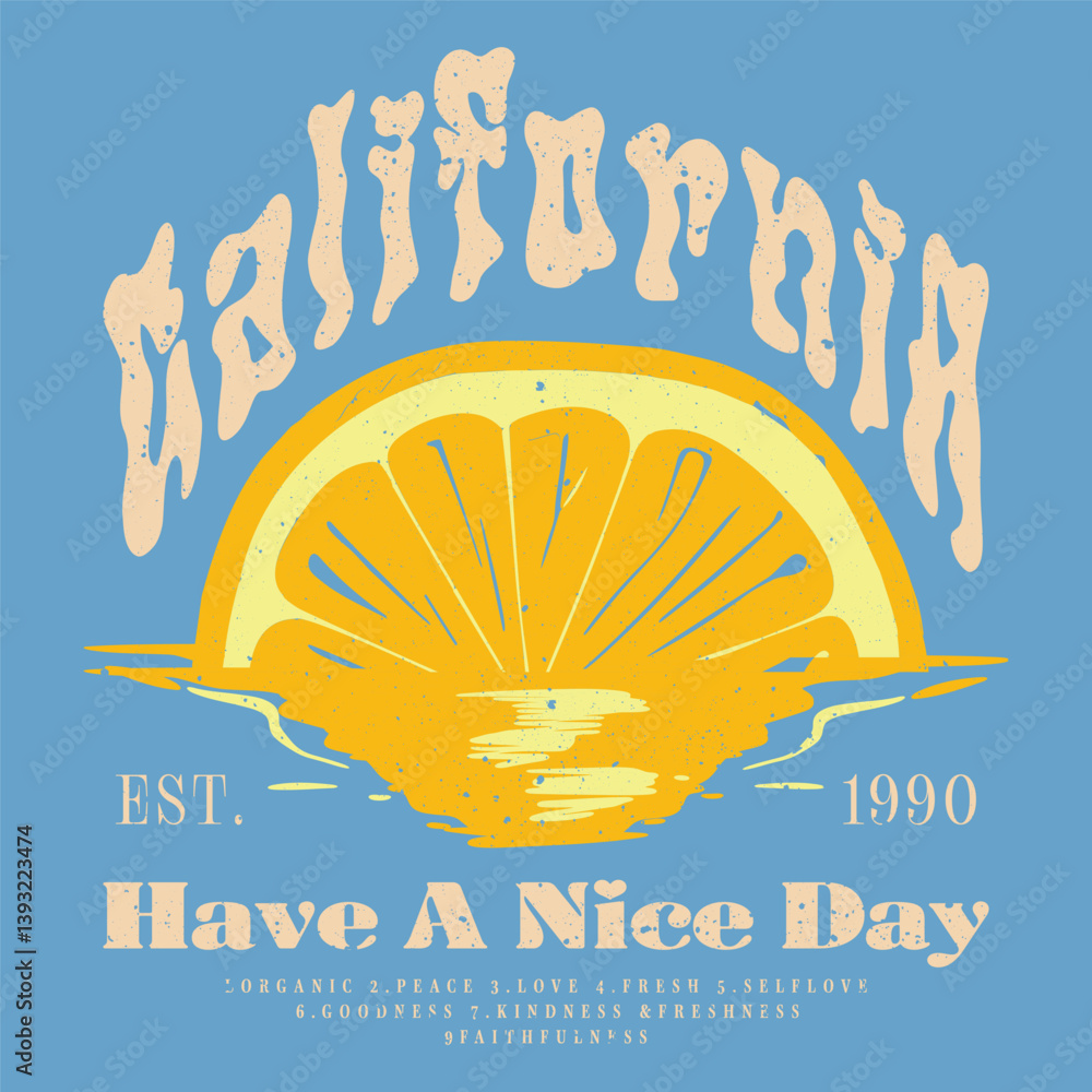 Orange graphic print t-shirt design, summer fruit design, vintage grunge food fashion orange art, typography slogan text print design, California Malibu,fruit print graphics for t-shirt Design