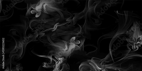 Gray vector background with smoke shapes. White and black liquid silk stain fabric background. Smoke steam set on black color background. smoke overlay on a black background. Movement of smoke