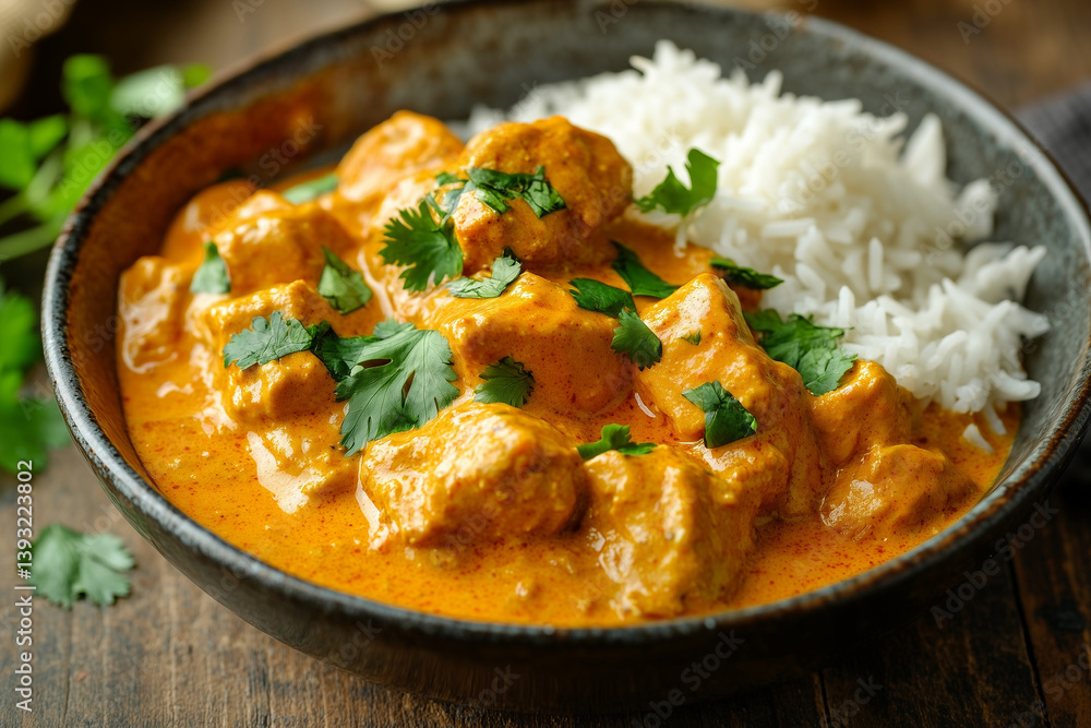 Creamy Chicken Tikka Masala with Basmati Rice in Rustic Bowl
