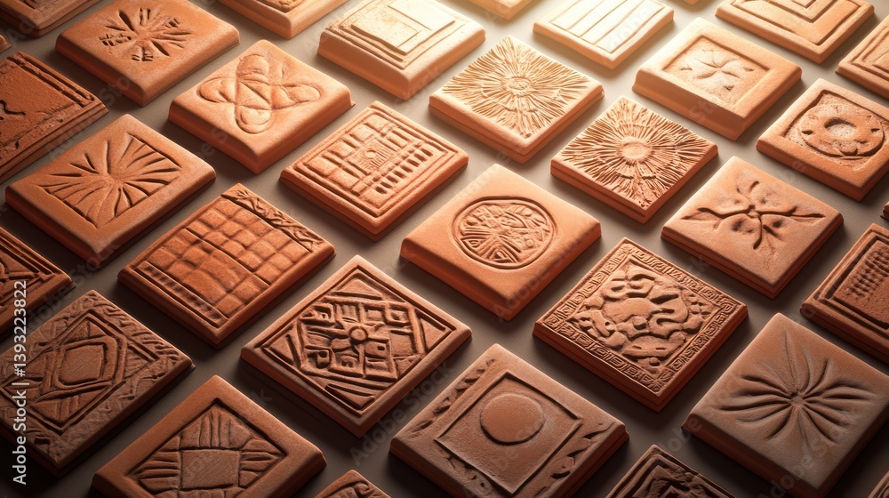 A set of terracotta tiles featuring a patchwork of carved cultural motifs, arranged neatly under soft diffused lighting A set of terracotta tiles featuring a patchwork of carved cultural motifs, arranged neatly under soft diffused lighting