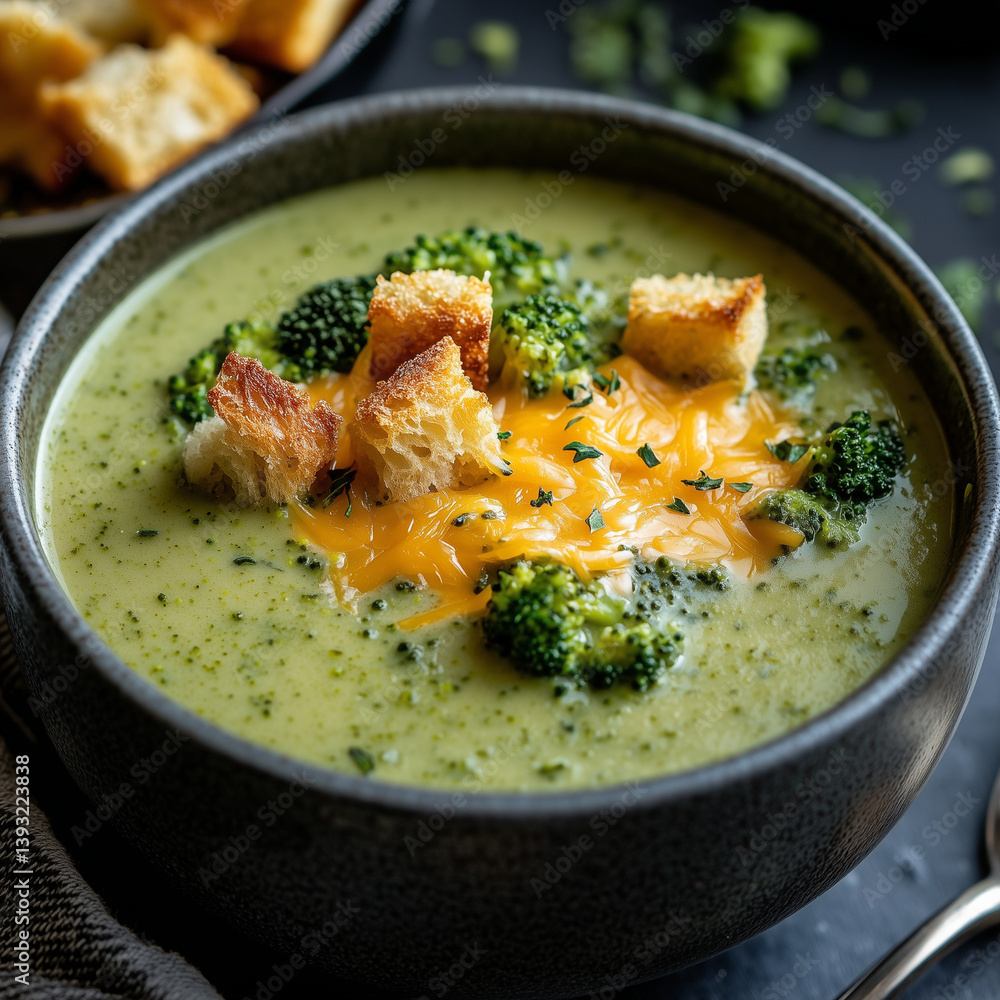 Creamy broccoli soup with croutons and drizzle of cream