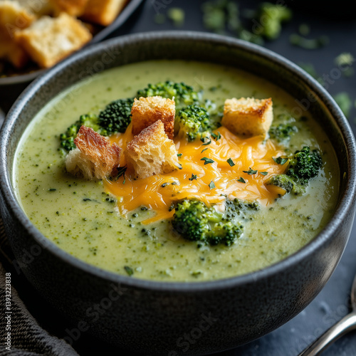 Obraz na płótnie Creamy broccoli soup with croutons and drizzle of cream w salonie