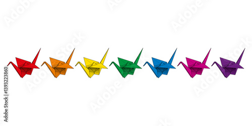 Rainbow colored origami cranes, also called tsuru or orizuru. Illustration of 7 multi colored Japanese origami cranes, traditionally made of folding paper, used as decoration, present or peace symbol.