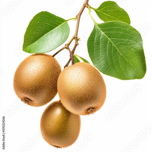 Three kiwi fruits hanging from a branch with green leaves above isolated on white background