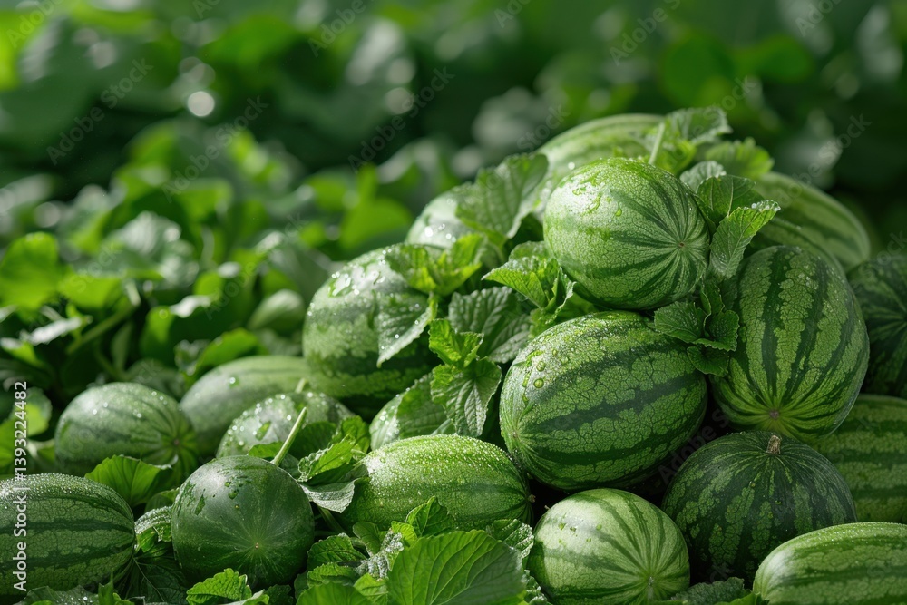 Fresh watermelons piled high in a lush field during bright summer daylight Fresh watermelons piled high in a lush field during bright summer daylight