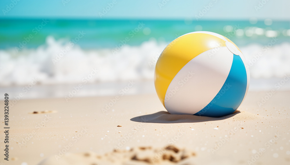 Naklejka premium Abandoned beach ball resting on sand, summer beach vibes