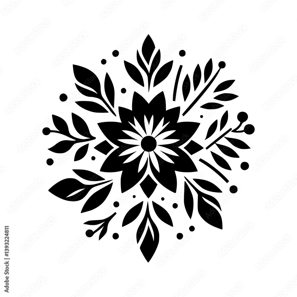 Obraz premium Black Floral Mandala Design on White Background, Geometric Style