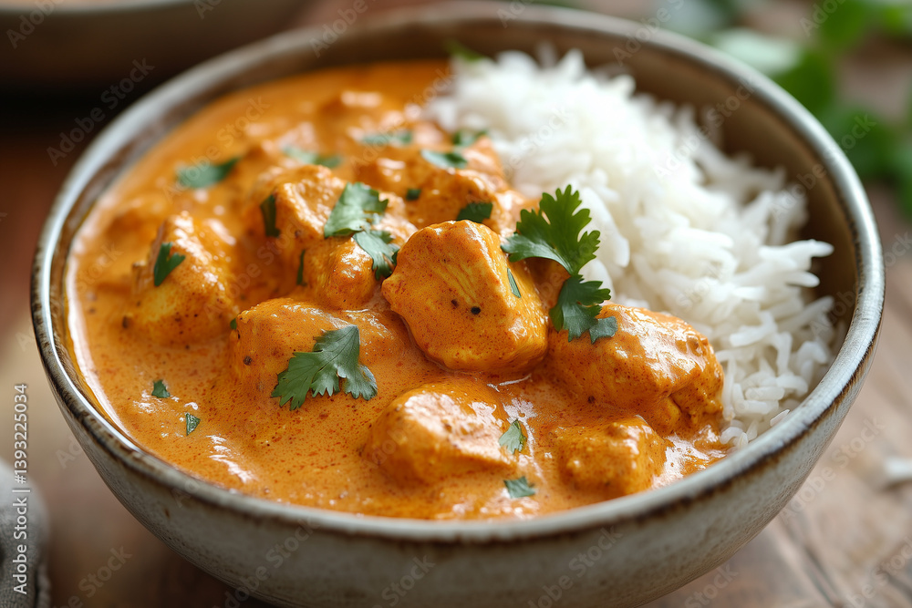 Creamy Chicken Tikka Masala with Basmati Rice in Rustic Bowl