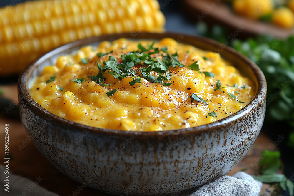 Cheesy Creamed Corn Topped with Fresh Parsley