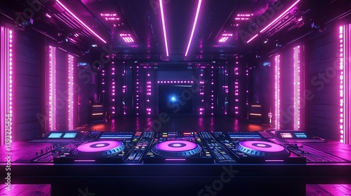 A neon lit futuristic nightclub stage with dj equipment displayed