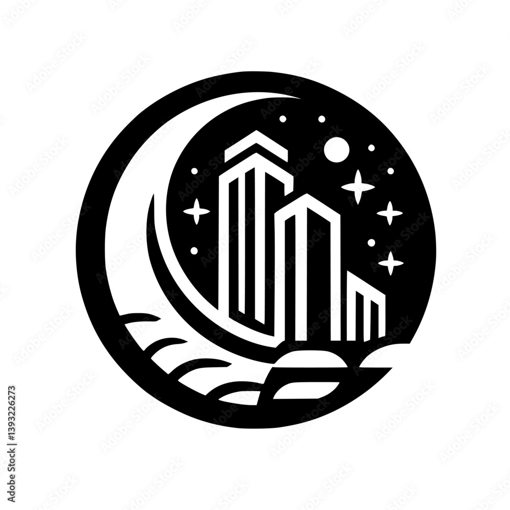 Crescent Moon Cityscape in Black & White - Minimalist Vector Design Crescent Moon Cityscape in Black & White - Minimalist Vector Design