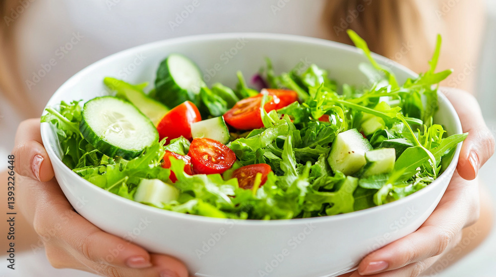 Freshly prepared salad with vibrant greens, cherry tomatoes, and cucumbers held by a person indoors Freshly prepared salad with vibrant greens, cherry tomatoes, and cucumbers held by a person indoors