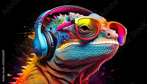 Colorful watercolor punk lizard with colorful sunglasses and headphones background