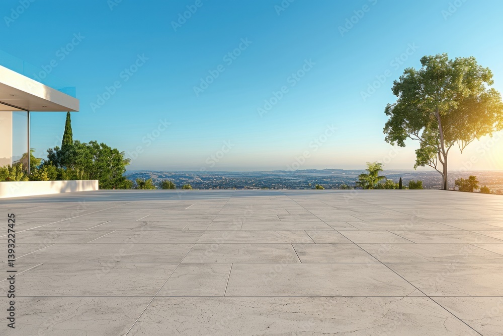 Obraz premium Expansive view from modern terrace overlooking city skyline at sunset with clear blue sky