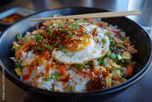 Korean Bibimbap Bowl with Fried Egg and Colorful Vegetables