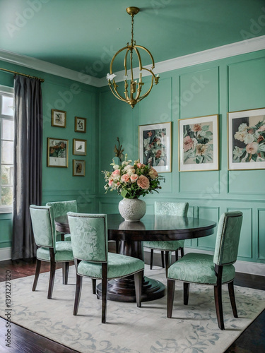 Dining room with mint green walls and floral art.