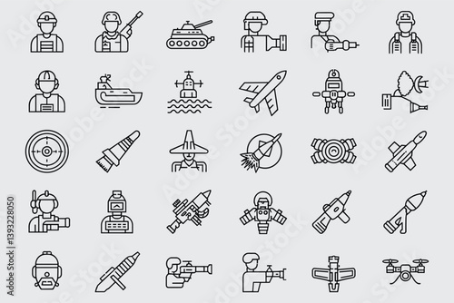 Military And Armed Forces Outline Icons Collection With Tank Aircraft Missiles And Soldiers