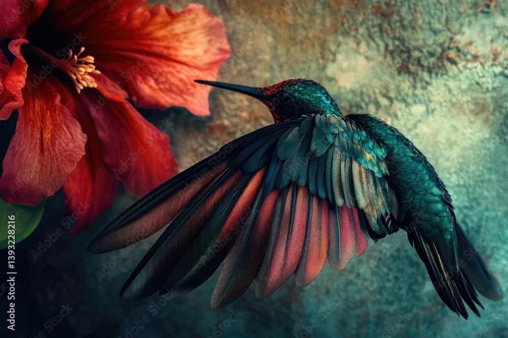 Fototapeta premium A vibrant hummingbird with iridescent feathers hovers near a large red hibiscus flower.