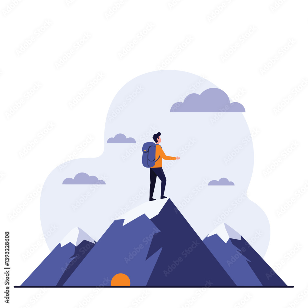 Obraz premium Hiker on Mountain Peak in Minimal Style Vector Illustration