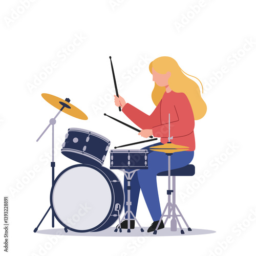 Female drummer playing drums in flat design style vector art
