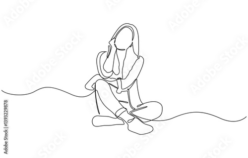 Young woman sitting cross-legged on the floor. Continuous line art drawing, Girl sitting high with dangling feet in continuous line art drawing style.