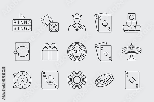 Outline Style Gambling And Casino Elements Featuring Cards,Chips,Roulette,And Dice