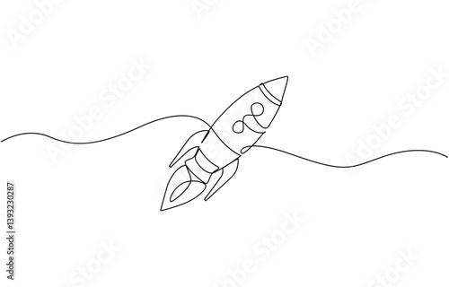 Hand drawn one line vector.One continuous line drawing of simple retro spacecraft, One continuous line drawing of simple retro spacecraft flying up to the outer space nebula.