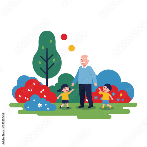 Happy children playing with their grandfather in a colorful flat vector illustration