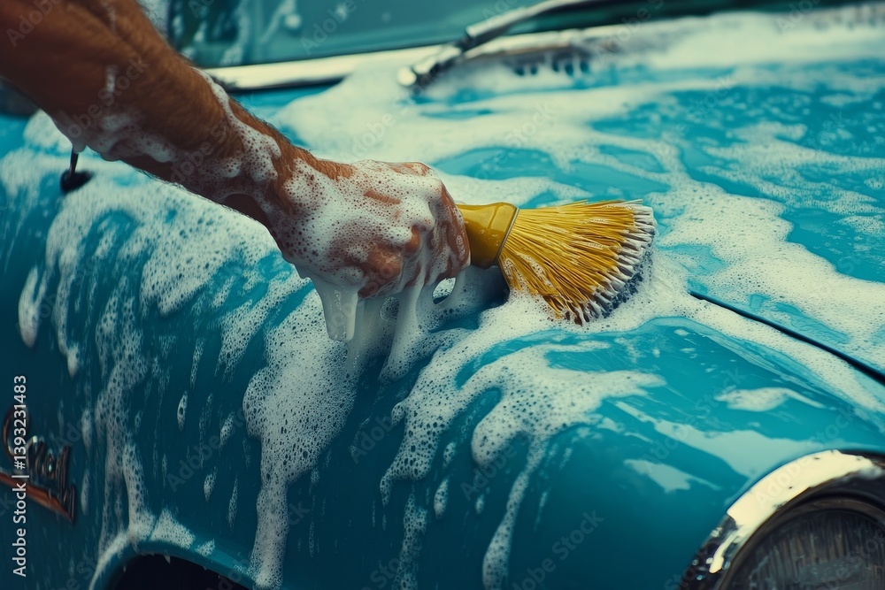 hand washes car with brush