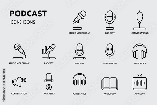 Podcast And Audio Related Icon Set For Streaming Media Content Creation