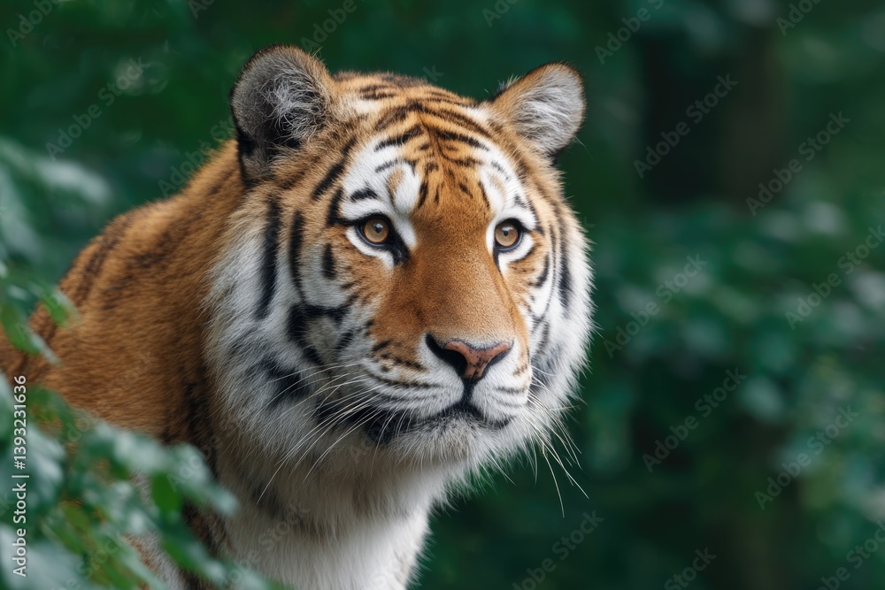 Obraz premium close-up photo of majestic siberian tiger in its natural habitat focus on its piercing amber eyes surrounded by greenery
