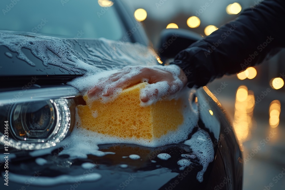 hand washes car with brush