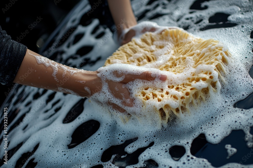 hand washes car with brush