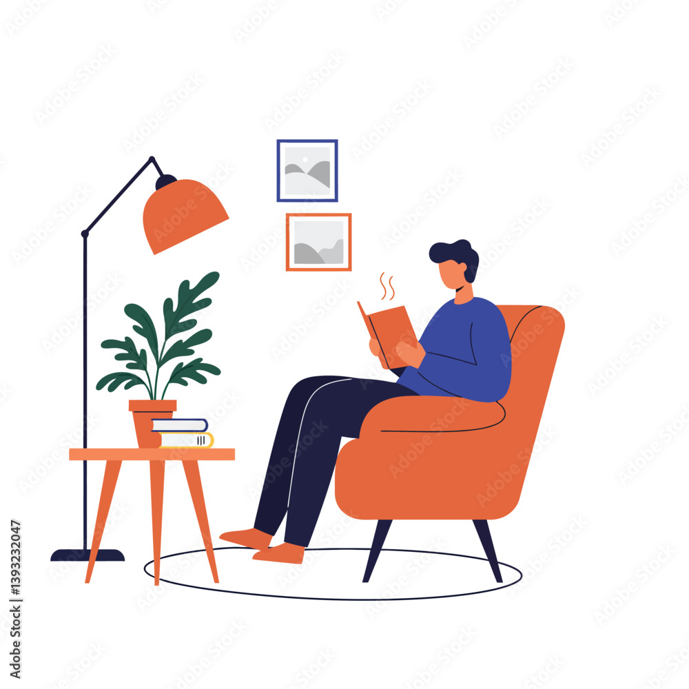 Fototapeta premium Cozy reading scene with a person in a modern chair, flat vector art