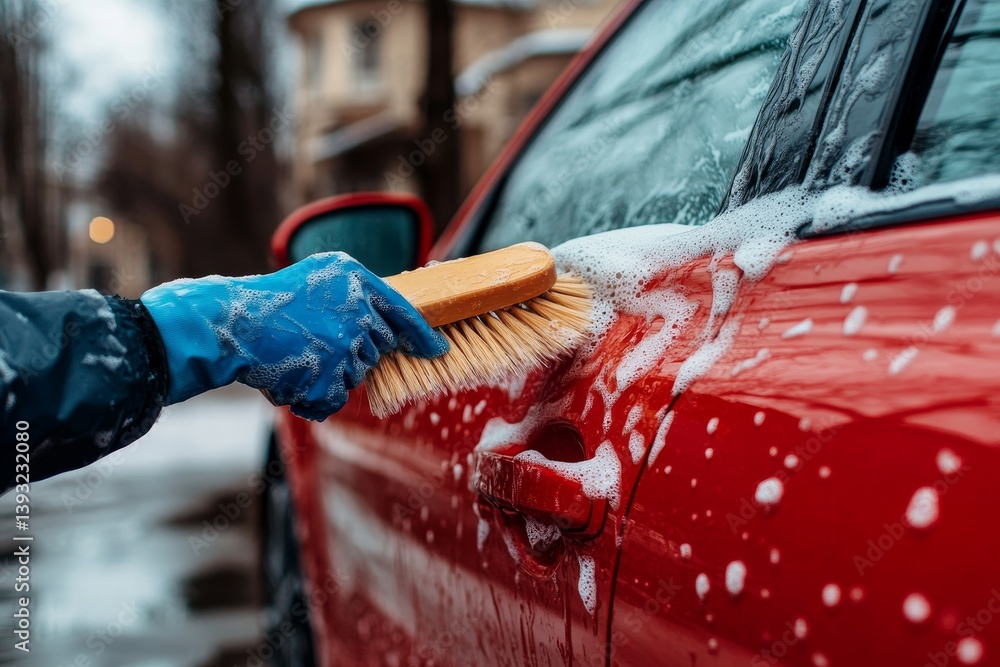 hand washes car with brush