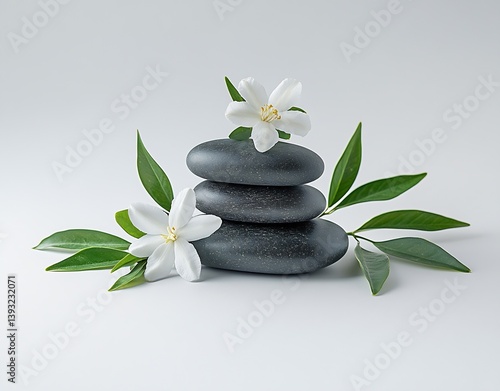 Zen Stones Stack with White Flowers and Green Leaves in a Peaceful Still Life Composition for Meditation : Generative AI