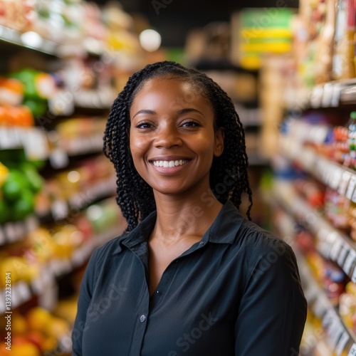 A smiling woman stands in a grocery store aisle. She is wearing a black shirt and has her hair in a braid