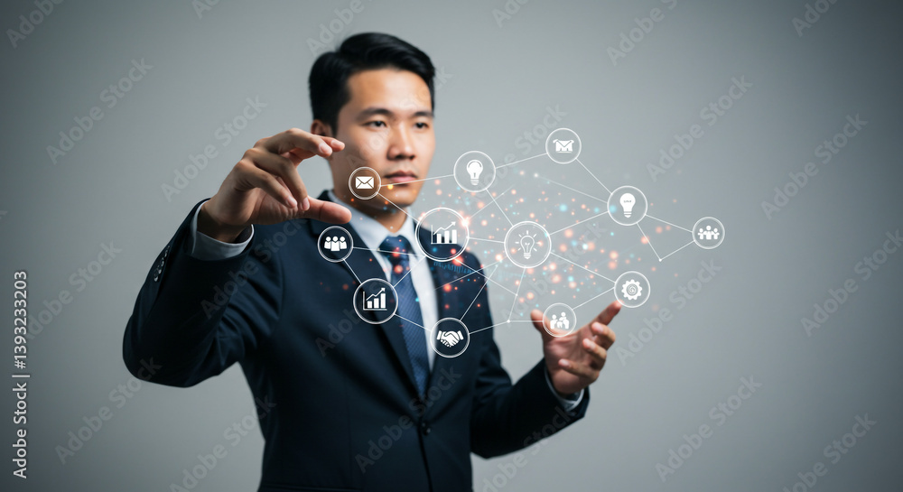 A focused businessman confidently interacts with a network of digital icons, shaping the future of business with a clean and modern aesthetic. A focused businessman confidently interacts with a network of digital icons, shaping the future of business with a clean and modern aesthetic.