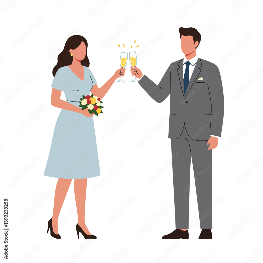 Couple celebrating with champagne and bouquet in minimal flat vector art Couple celebrating with champagne and bouquet in minimal flat vector art