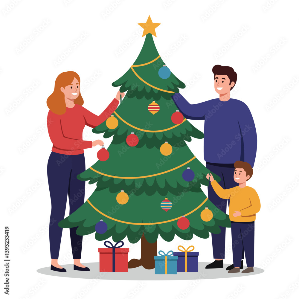 Family decorating a Christmas tree in flat vector art style for festive celebration Family decorating a Christmas tree in flat vector art style for festive celebration