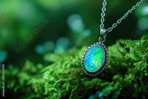 A vibrant green opal pendant rests on lush moss, showcasing its iridescent beauty.