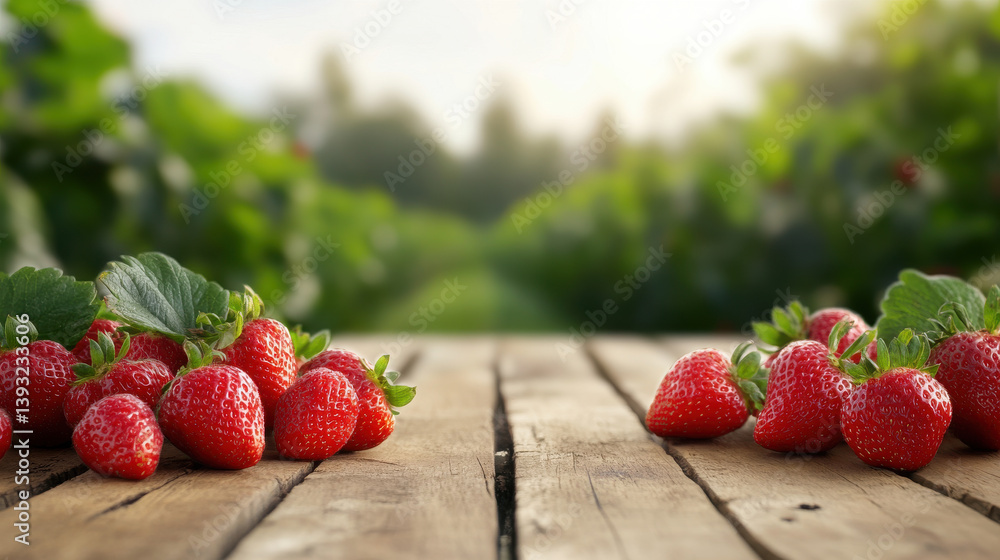 Bright red strawberries are arranged on a weathered wooden table overlooking a vibrant green farm field filled with strawberry plants. Sunlight highlights their freshness